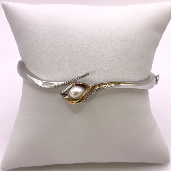 Alwand Vahan Calla Lily Pearl Diamond 925 14K Gold Hinged Bangle Bracelet #787 - Picture 6 of 9